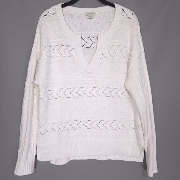 sundance Sweater SMALL Rita Easy Minnie Oversized White V-neck Cable Knit